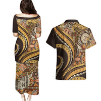 Hawaiian Hibiscus Tribal Vintage Motif Couples Matching Puletasi and Hawaiian Shirt Ver 4 LT9 - Polynesian Pride