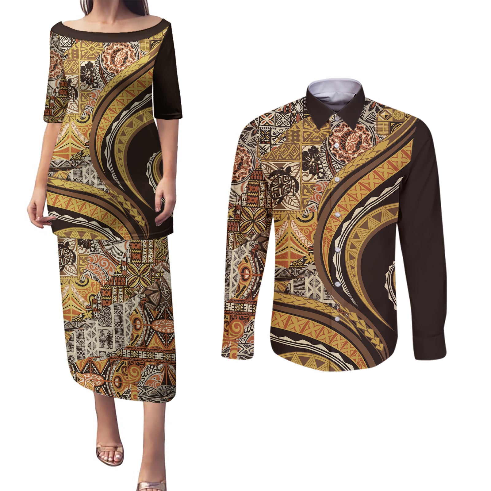Hawaiian Hibiscus Tribal Vintage Motif Couples Matching Puletasi and Long Sleeve Button Shirt Ver 4