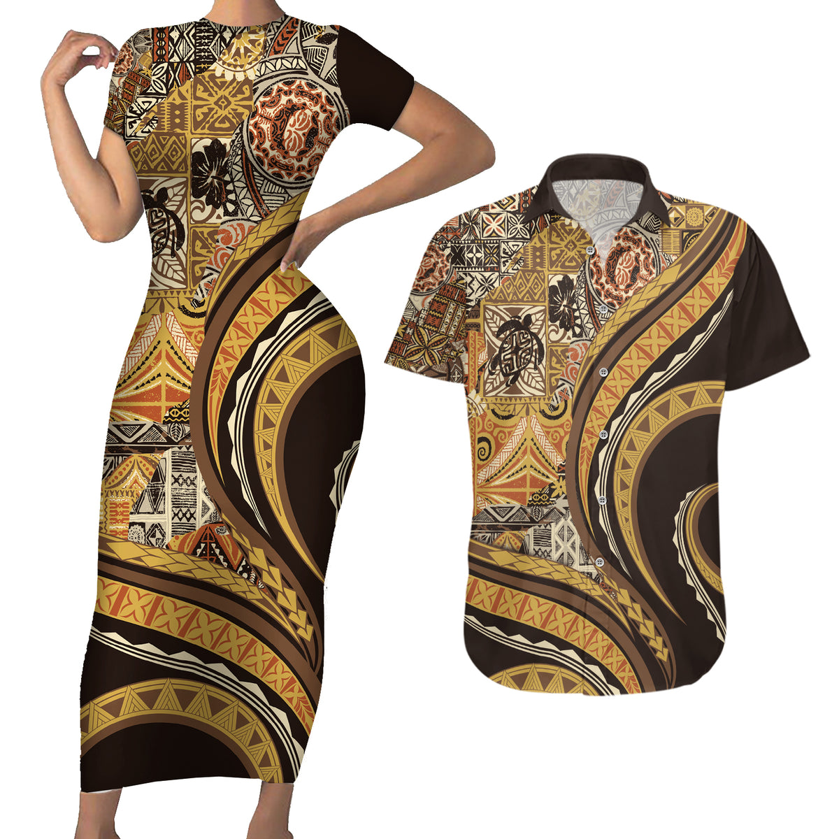 Hawaiian Hibiscus Tribal Vintage Motif Couples Matching Short Sleeve Bodycon Dress and Hawaiian Shirt Ver 4 LT9 Gold - Polynesian Pride