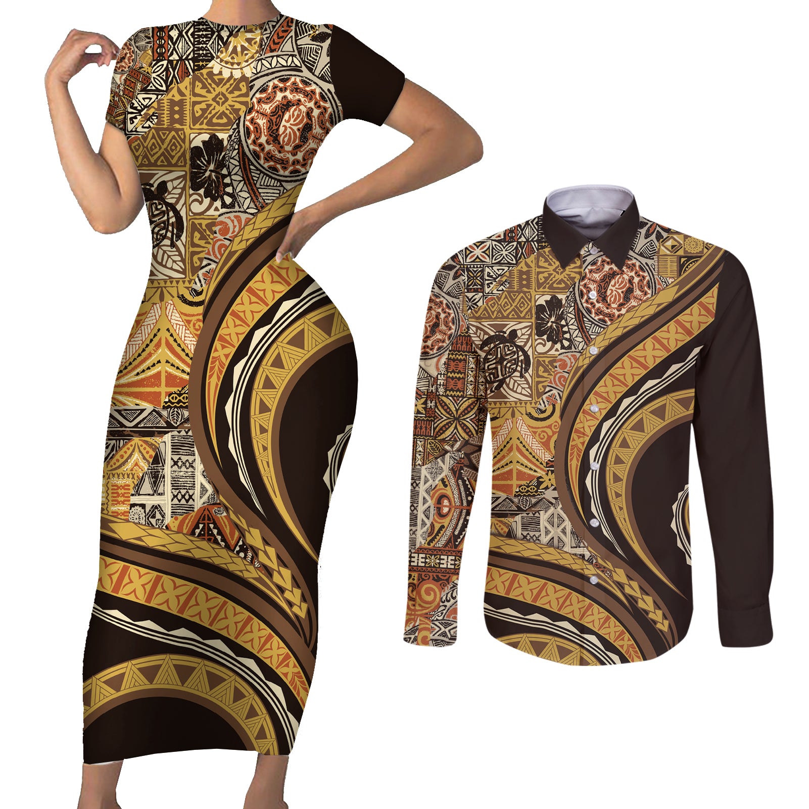 Hawaiian Hibiscus Tribal Vintage Motif Couples Matching Short Sleeve Bodycon Dress and Long Sleeve Button Shirt Ver 4