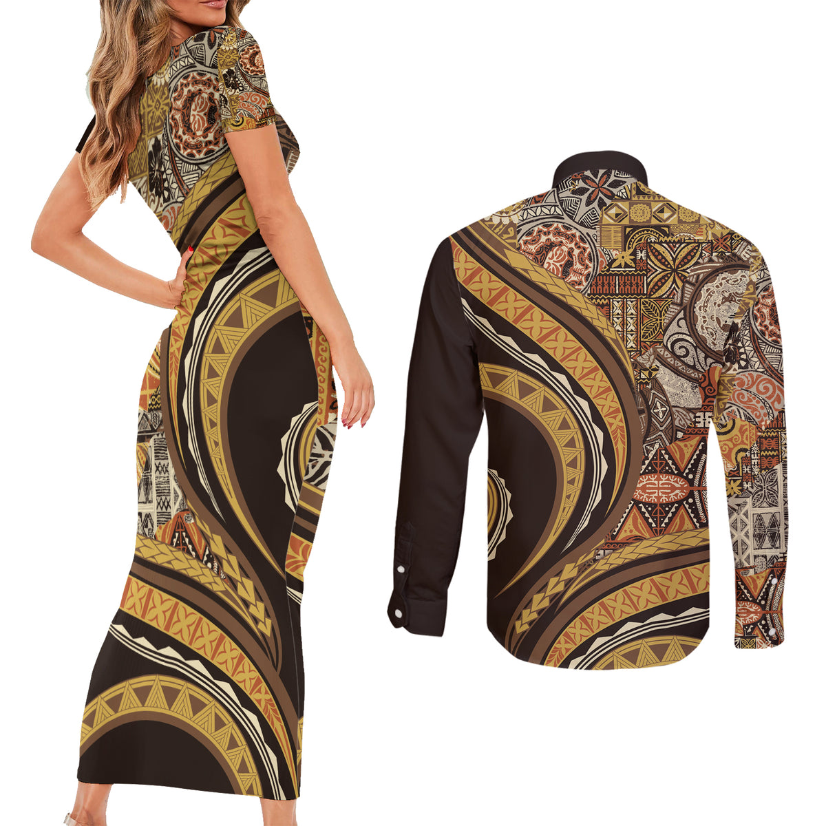 Hawaiian Hibiscus Tribal Vintage Motif Couples Matching Short Sleeve Bodycon Dress and Long Sleeve Button Shirt Ver 4 LT9 - Polynesian Pride