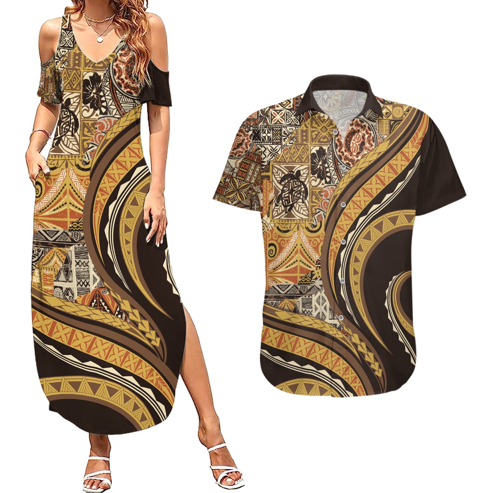Hawaiian Hibiscus Tribal Vintage Motif Couples Matching Summer Maxi Dress and Hawaiian Shirt Ver 4