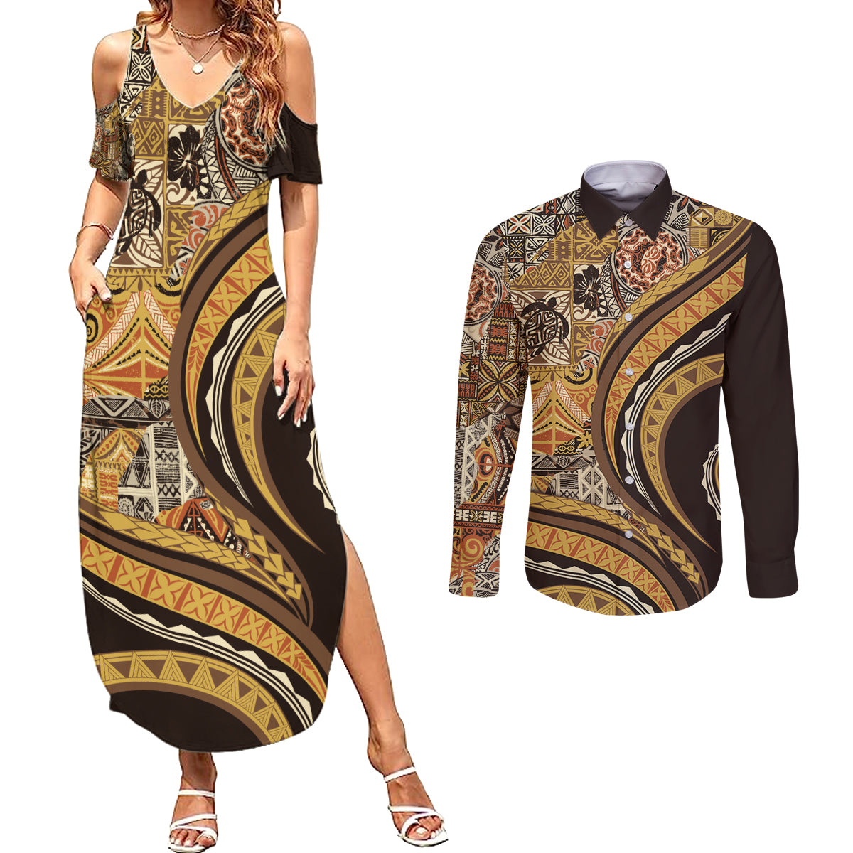 Hawaiian Hibiscus Tribal Vintage Motif Couples Matching Summer Maxi Dress and Long Sleeve Button Shirt Ver 4