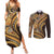 Hawaiian Hibiscus Tribal Vintage Motif Couples Matching Summer Maxi Dress and Long Sleeve Button Shirt Ver 4