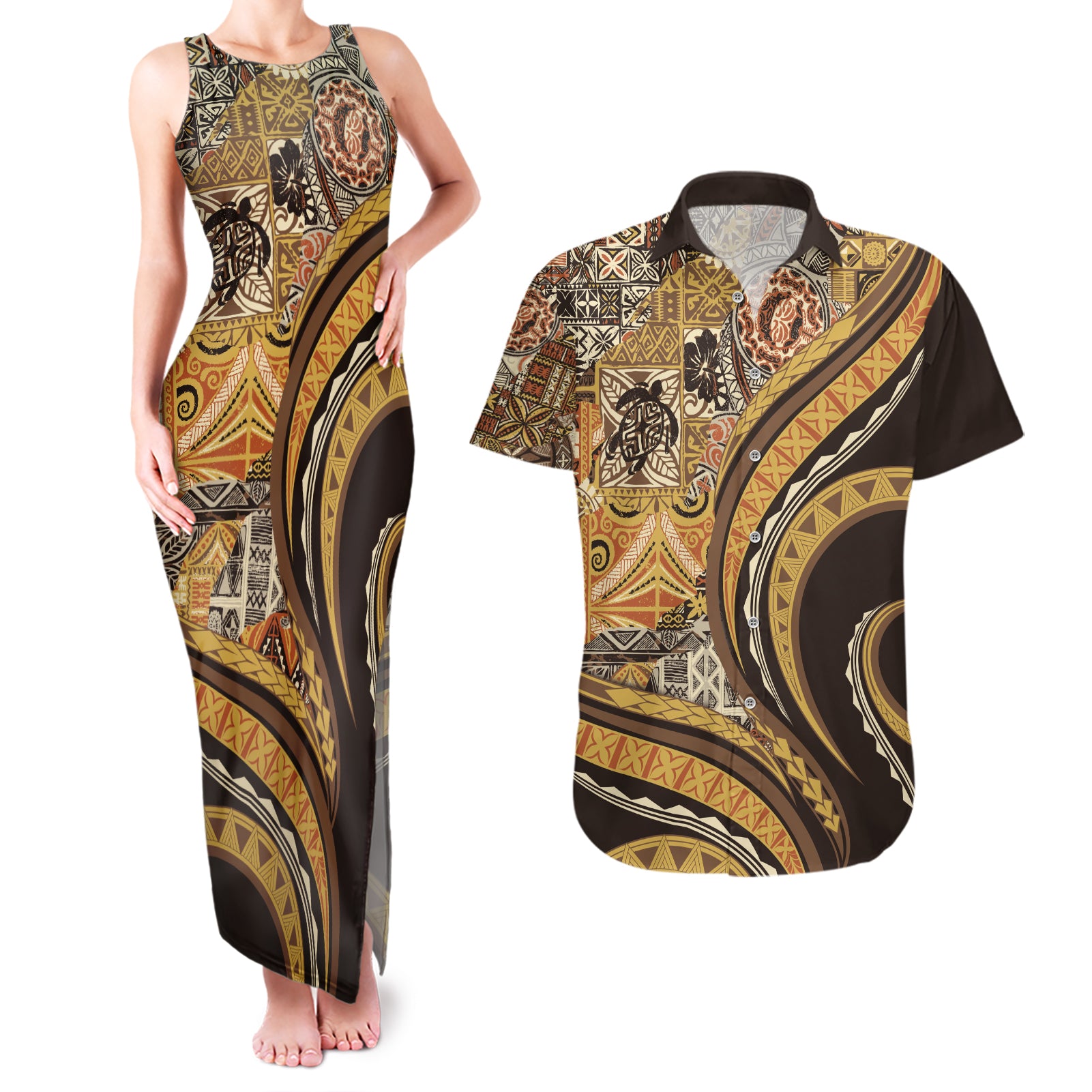 Hawaiian Hibiscus Tribal Vintage Motif Couples Matching Tank Maxi Dress and Hawaiian Shirt Ver 4