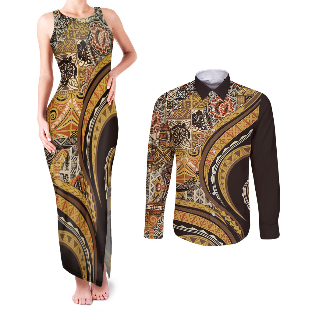 Hawaiian Hibiscus Tribal Vintage Motif Couples Matching Tank Maxi Dress and Long Sleeve Button Shirt Ver 4