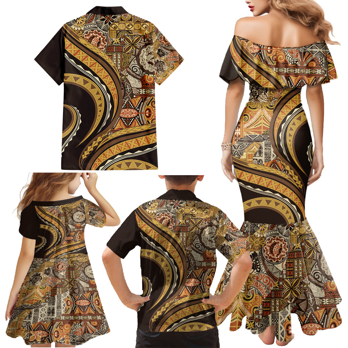 Hawaiian Hibiscus Tribal Vintage Motif Family Matching Mermaid Dress and Hawaiian Shirt Ver 4
