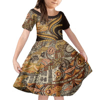 Hawaiian Hibiscus Tribal Vintage Motif Family Matching Puletasi and Hawaiian Shirt Ver 4 LT9 Daughter's Dress Gold - Polynesian Pride