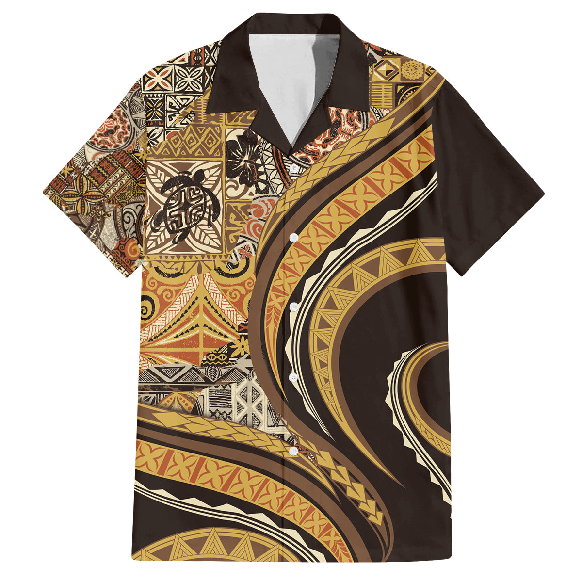 Hawaiian Hibiscus Tribal Vintage Motif Family Matching Puletasi and Hawaiian Shirt Ver 4 LT9 Dad's Shirt - Short Sleeve Gold - Polynesian Pride
