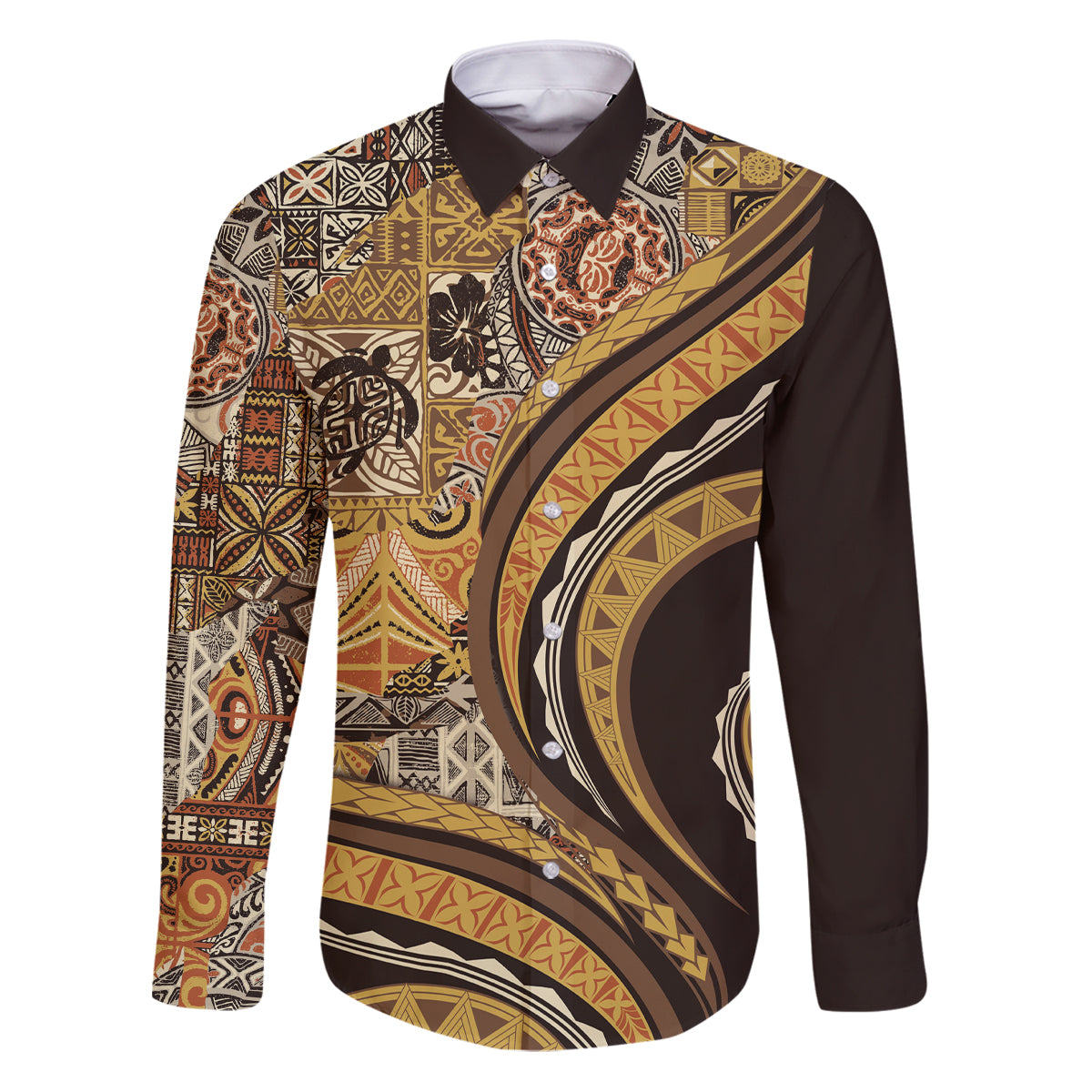 Hawaiian Hibiscus Tribal Vintage Motif Family Matching Puletasi and Hawaiian Shirt Ver 4 LT9 Dad's Shirt - Long Sleeve Gold - Polynesian Pride