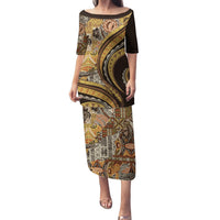 Hawaiian Hibiscus Tribal Vintage Motif Family Matching Puletasi and Hawaiian Shirt Ver 4 LT9 Mom's Dress Gold - Polynesian Pride