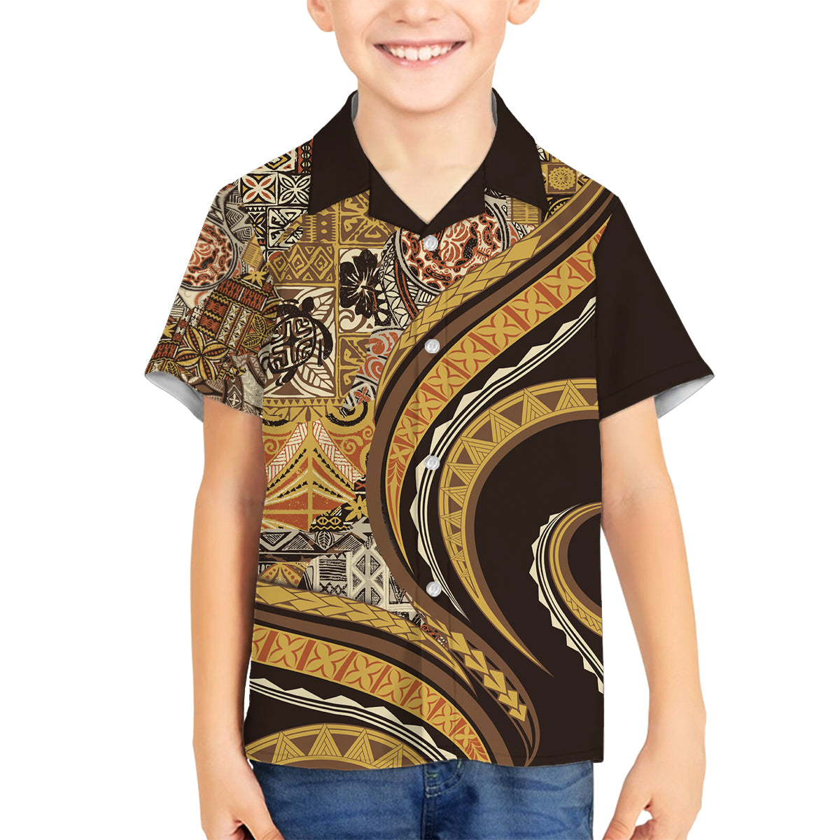 Hawaiian Hibiscus Tribal Vintage Motif Family Matching Puletasi and Hawaiian Shirt Ver 4 LT9 Son's Shirt Gold - Polynesian Pride