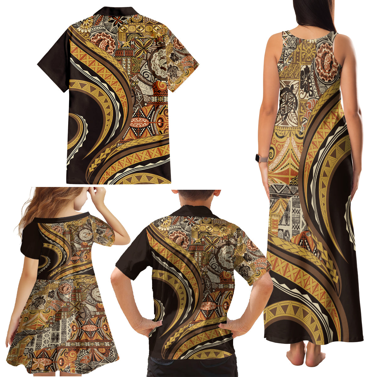 Hawaiian Hibiscus Tribal Vintage Motif Family Matching Tank Maxi Dress and Hawaiian Shirt Ver 4