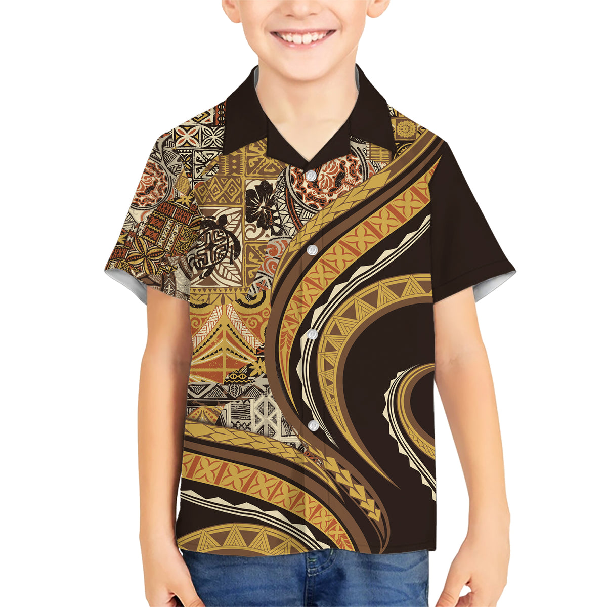 Hawaiian Hibiscus Tribal Vintage Motif Kid Hawaiian Shirt Ver 4 LT9 Kid Gold - Polynesian Pride