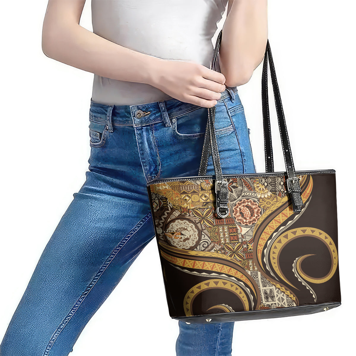 Hawaiian Hibiscus Tribal Vintage Motif Leather Tote Bag Ver 4 LT9 - Polynesian Pride