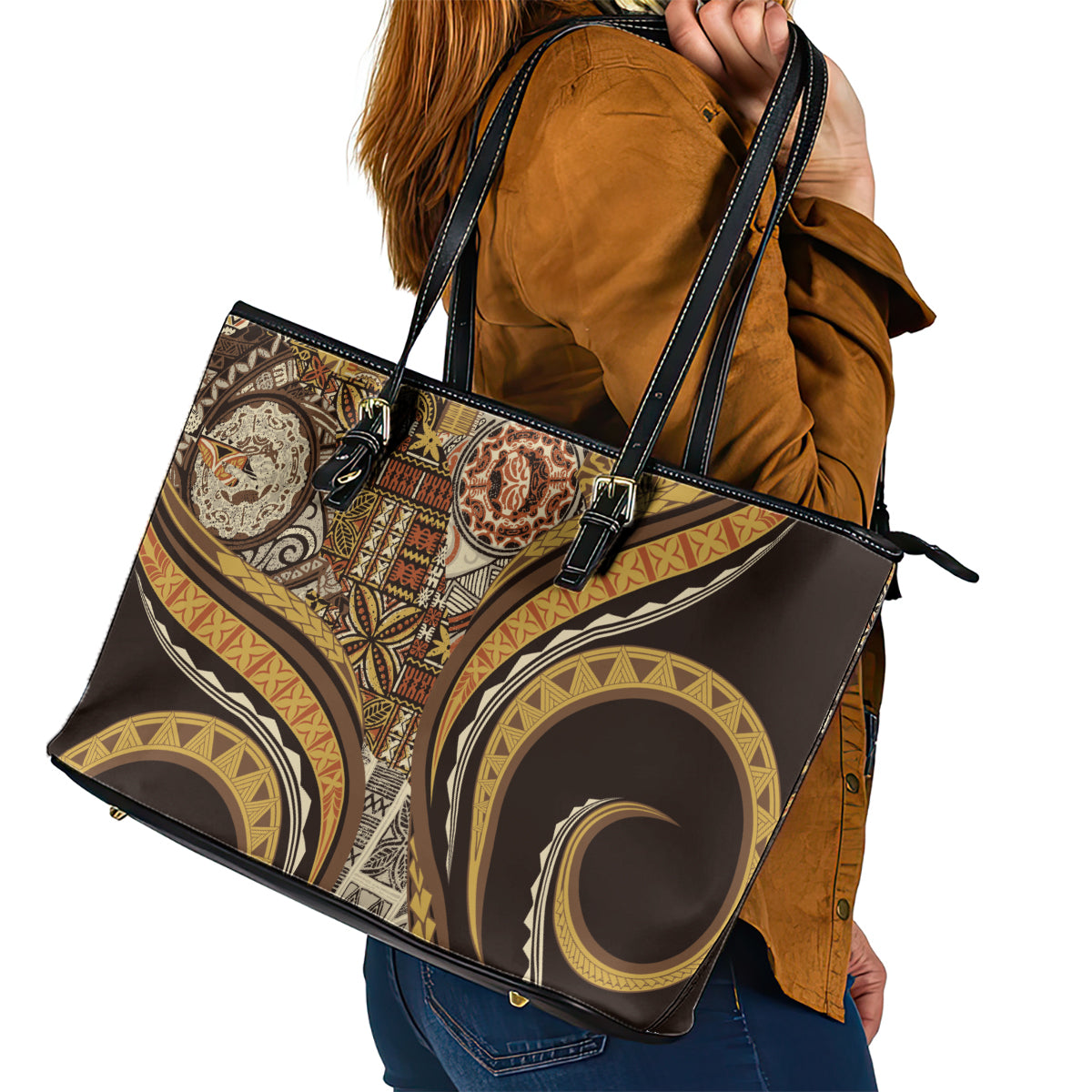 Hawaiian Hibiscus Tribal Vintage Motif Leather Tote Bag Ver 4 LT9 - Polynesian Pride