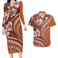 Hawaiian Hibiscus Tribal Vintage Motif Couples Matching Long Sleeve Bodycon Dress and Hawaiian Shirt Ver 5 LT9 Gold - Polynesian Pride
