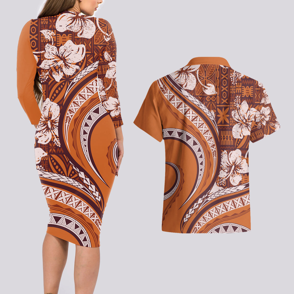 Hawaiian Hibiscus Tribal Vintage Motif Couples Matching Long Sleeve Bodycon Dress and Hawaiian Shirt Ver 5 LT9 - Polynesian Pride
