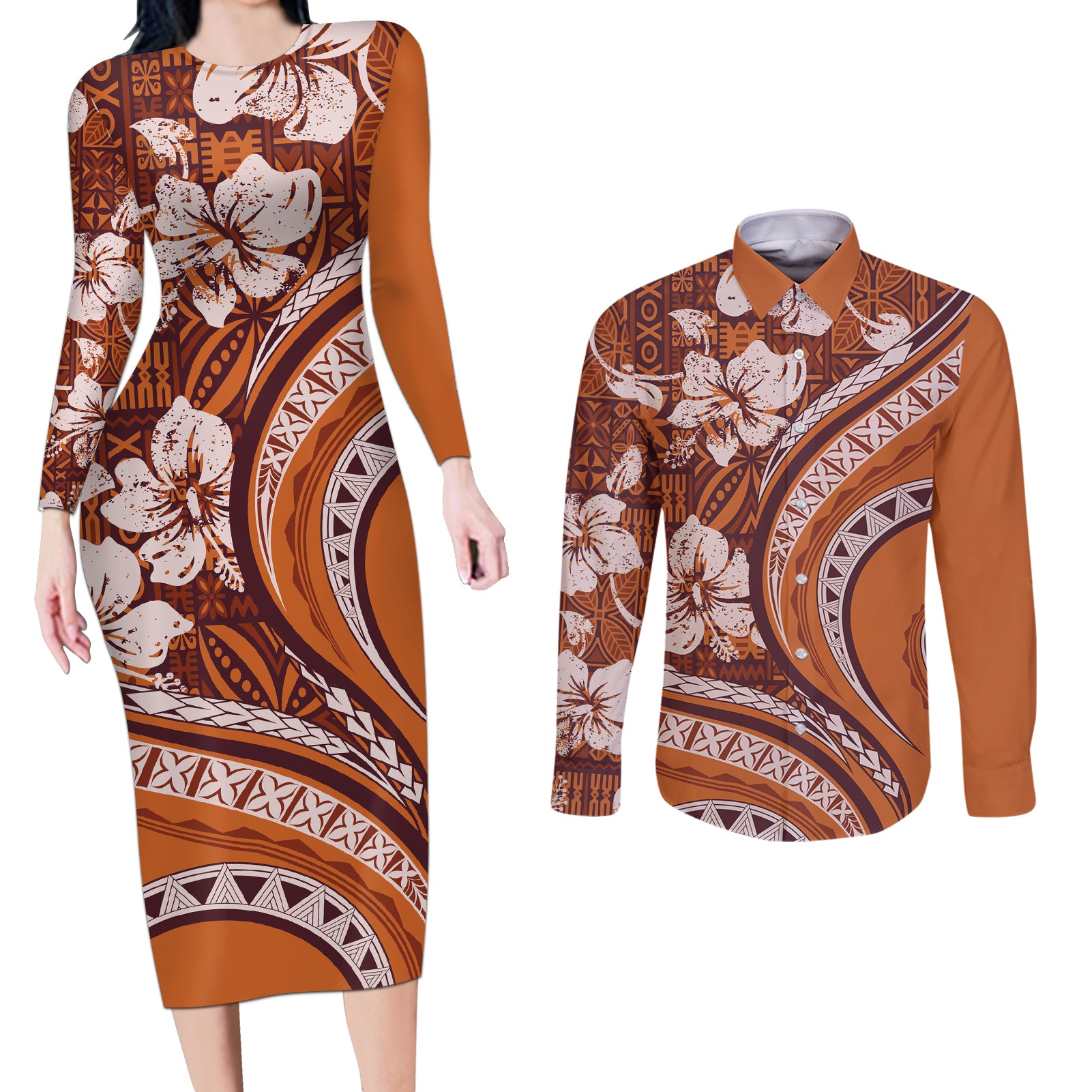 Hawaiian Hibiscus Tribal Vintage Motif Couples Matching Long Sleeve Bodycon Dress and Long Sleeve Button Shirt Ver 5