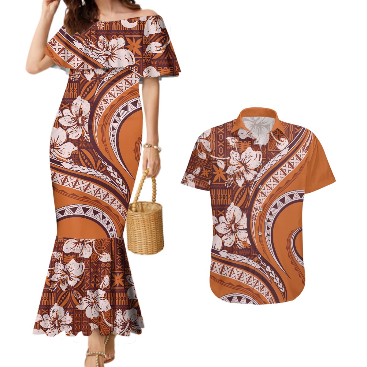 Hawaiian Hibiscus Tribal Vintage Motif Couples Matching Mermaid Dress and Hawaiian Shirt Ver 5 LT9 Gold - Polynesian Pride