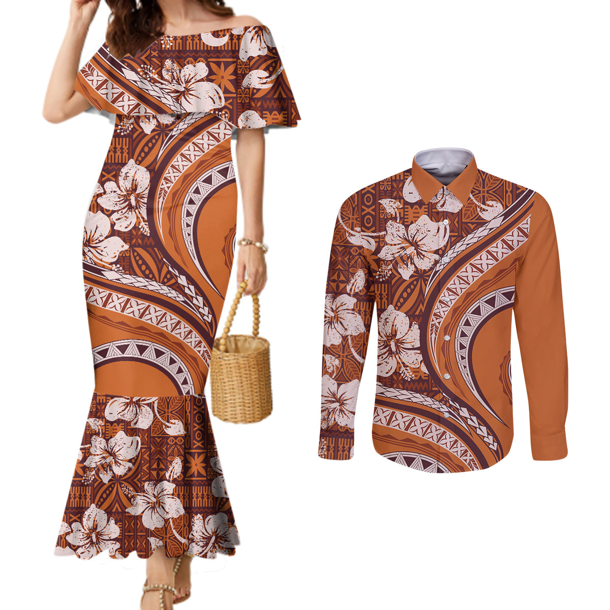 Hawaiian Hibiscus Tribal Vintage Motif Couples Matching Mermaid Dress and Long Sleeve Button Shirt Ver 5