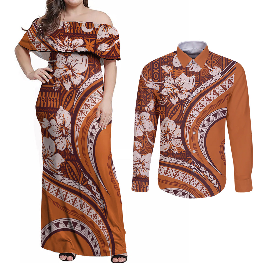 Hawaiian Hibiscus Tribal Vintage Motif Couples Matching Off Shoulder Maxi Dress and Long Sleeve Button Shirt Ver 5