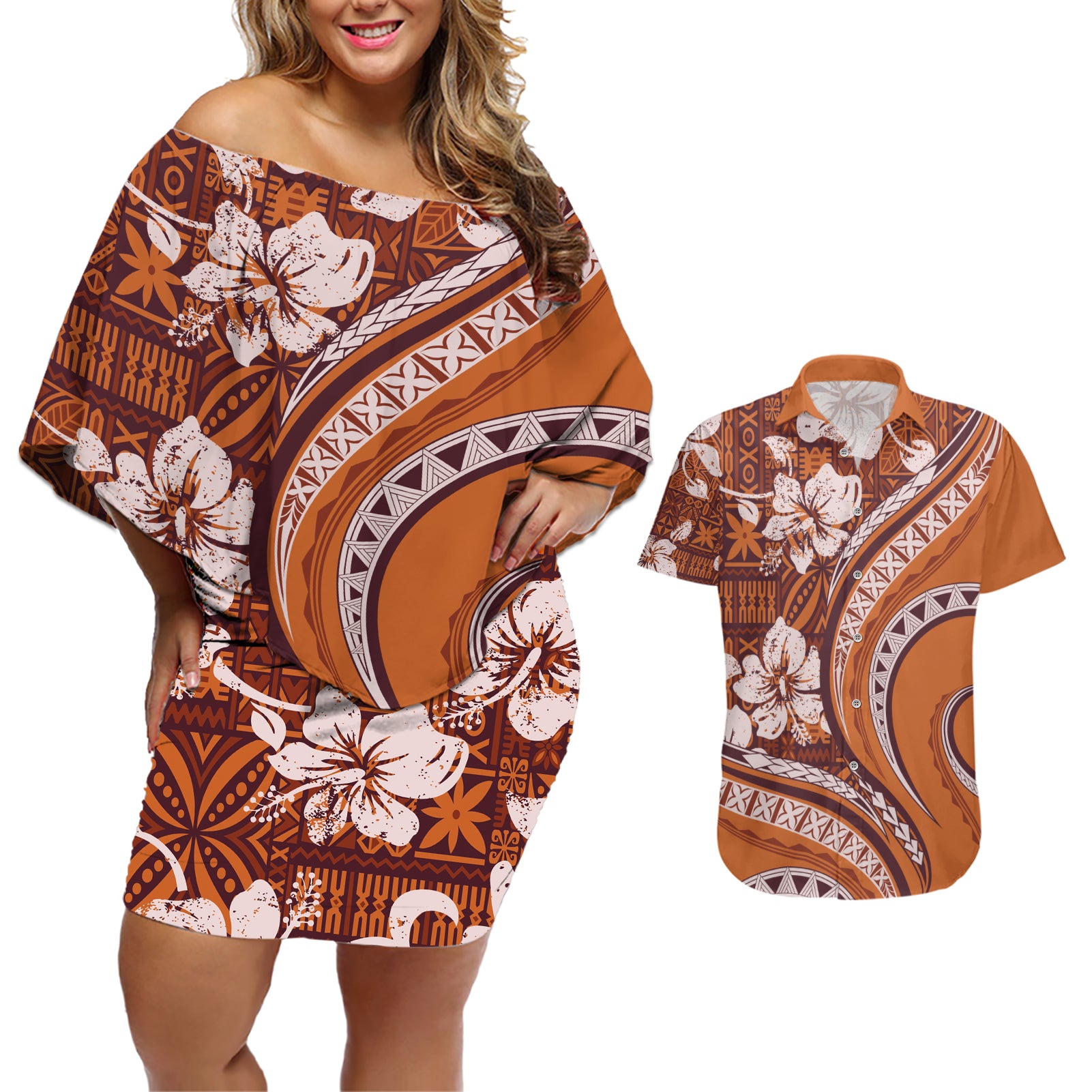 Hawaiian Hibiscus Tribal Vintage Motif Couples Matching Off Shoulder Short Dress and Hawaiian Shirt Ver 5
