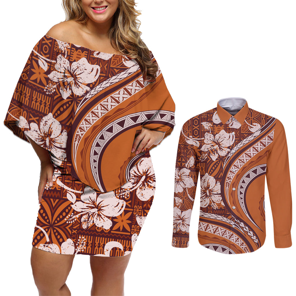 Hawaiian Hibiscus Tribal Vintage Motif Couples Matching Off Shoulder Short Dress and Long Sleeve Button Shirt Ver 5