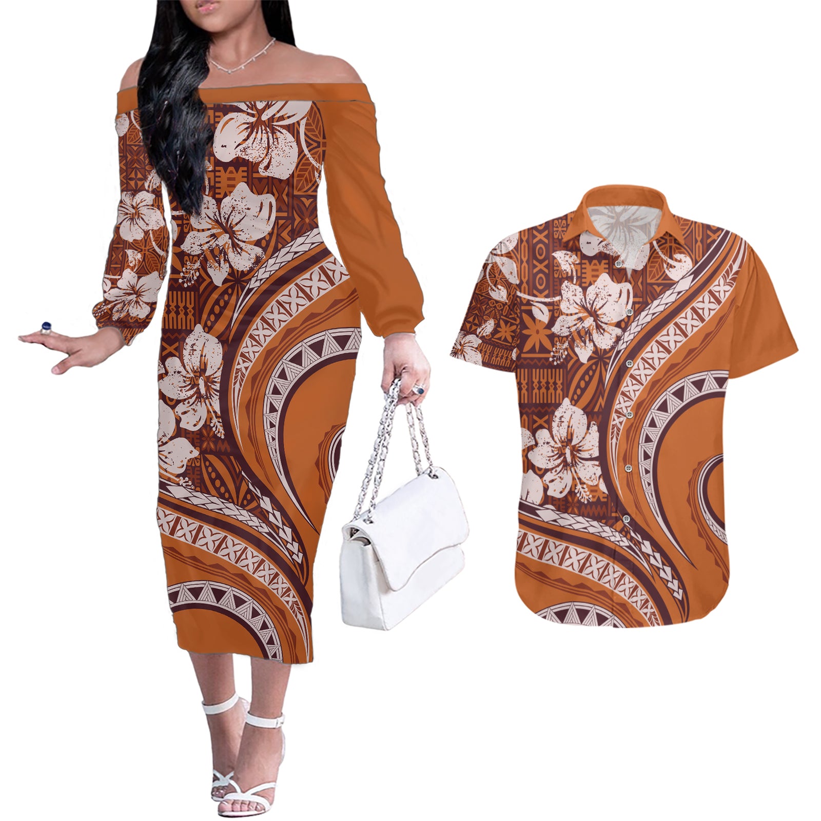 Hawaiian Hibiscus Tribal Vintage Motif Couples Matching Off The Shoulder Long Sleeve Dress and Hawaiian Shirt Ver 5