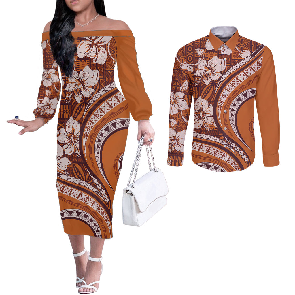 Hawaiian Hibiscus Tribal Vintage Motif Couples Matching Off The Shoulder Long Sleeve Dress and Long Sleeve Button Shirt Ver 5