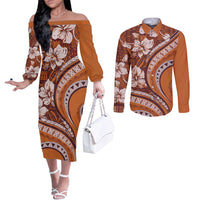 Hawaiian Hibiscus Tribal Vintage Motif Couples Matching Off The Shoulder Long Sleeve Dress and Long Sleeve Button Shirt Ver 5 LT9 Gold - Polynesian Pride