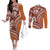 Hawaiian Hibiscus Tribal Vintage Motif Couples Matching Off The Shoulder Long Sleeve Dress and Long Sleeve Button Shirt Ver 5