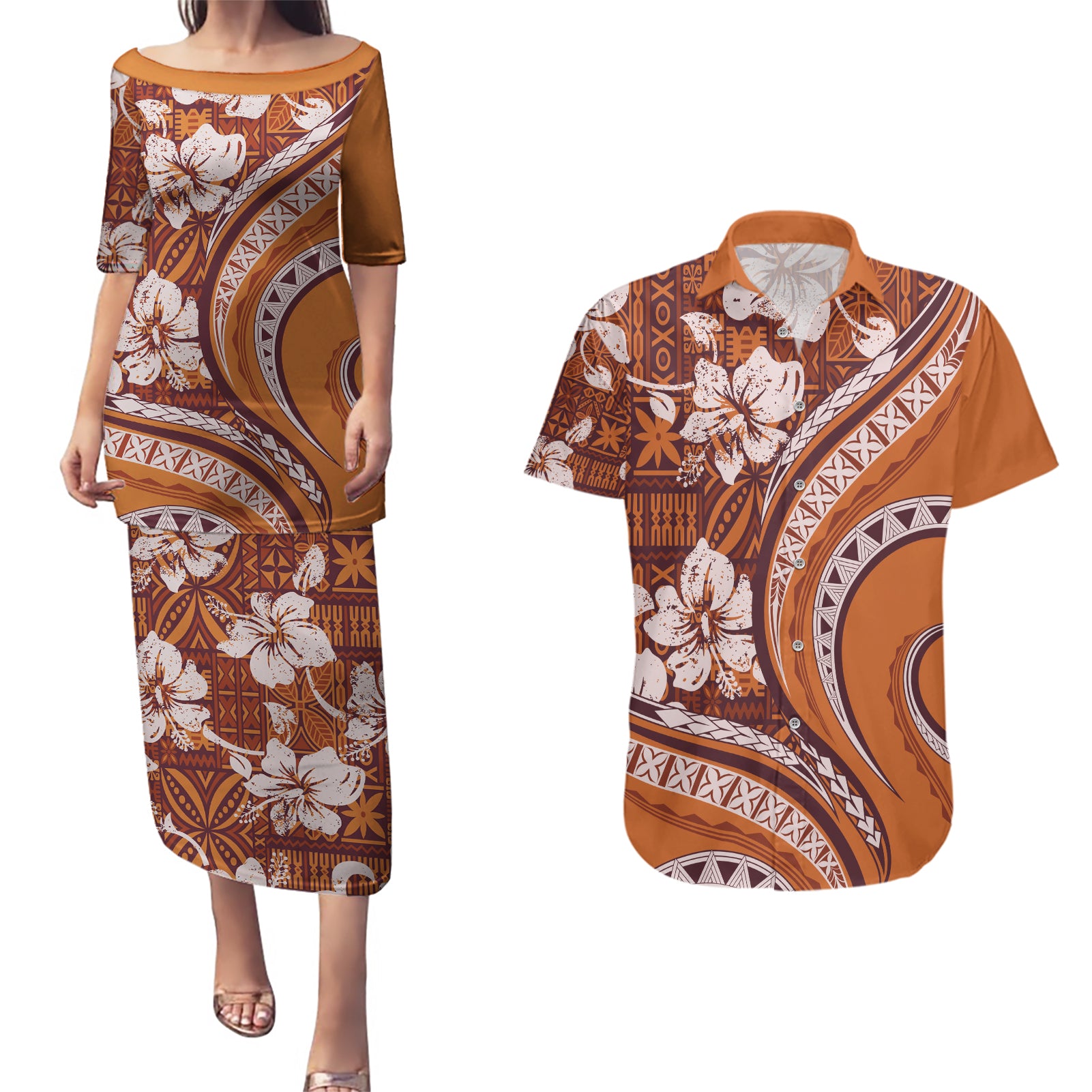 Hawaiian Hibiscus Tribal Vintage Motif Couples Matching Puletasi and Hawaiian Shirt Ver 5