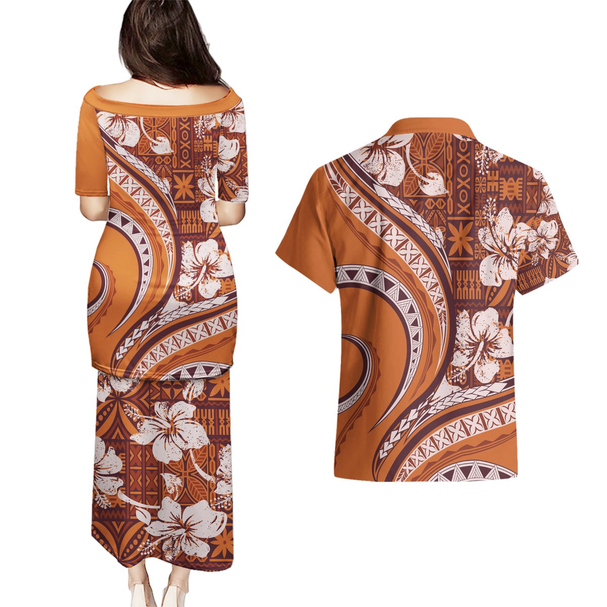 Hawaiian Hibiscus Tribal Vintage Motif Couples Matching Puletasi and Hawaiian Shirt Ver 5 LT9 - Polynesian Pride
