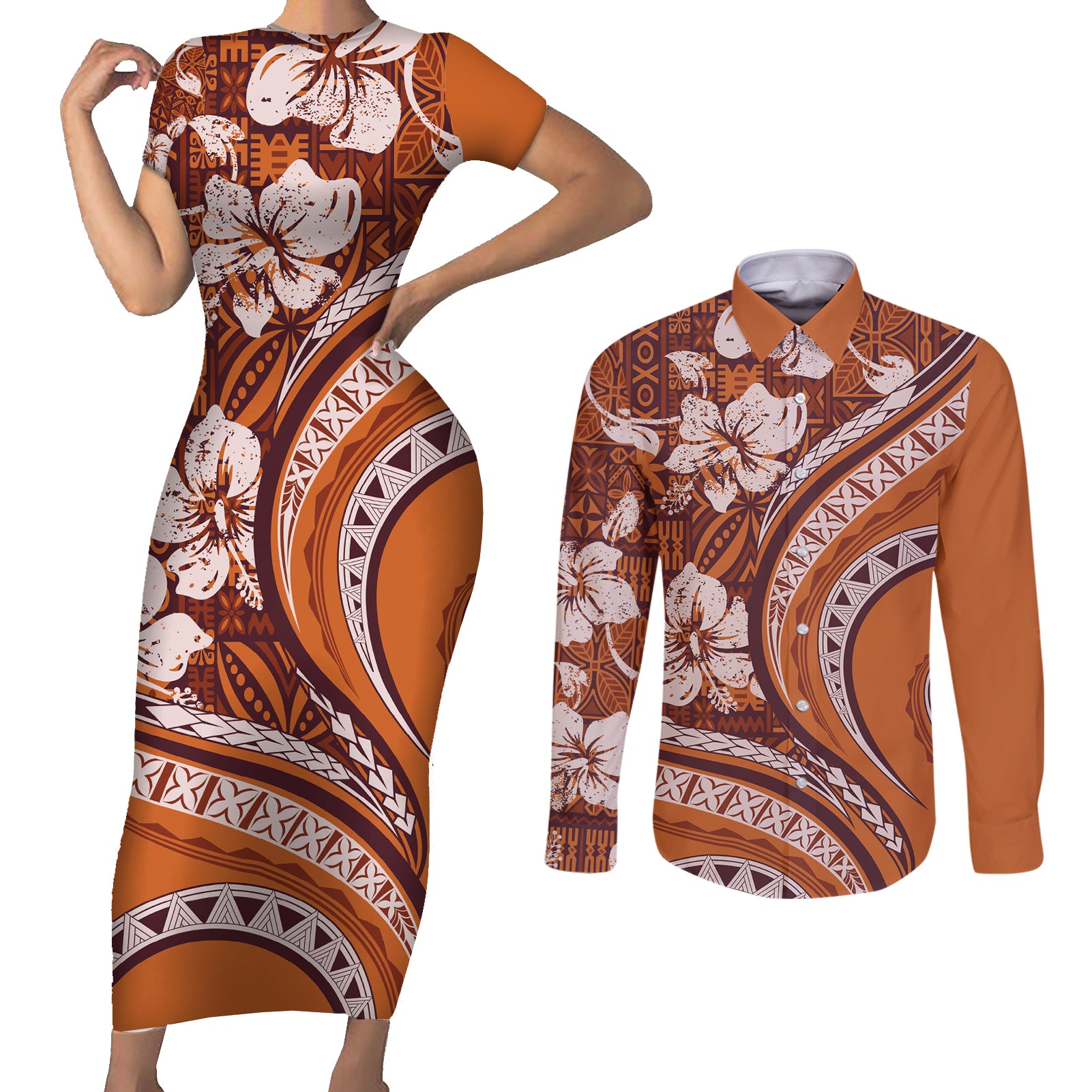 Hawaiian Hibiscus Tribal Vintage Motif Couples Matching Short Sleeve Bodycon Dress and Long Sleeve Button Shirt Ver 5