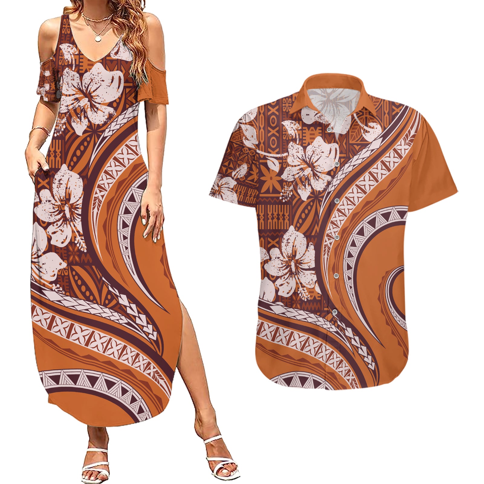 Hawaiian Hibiscus Tribal Vintage Motif Couples Matching Summer Maxi Dress and Hawaiian Shirt Ver 5