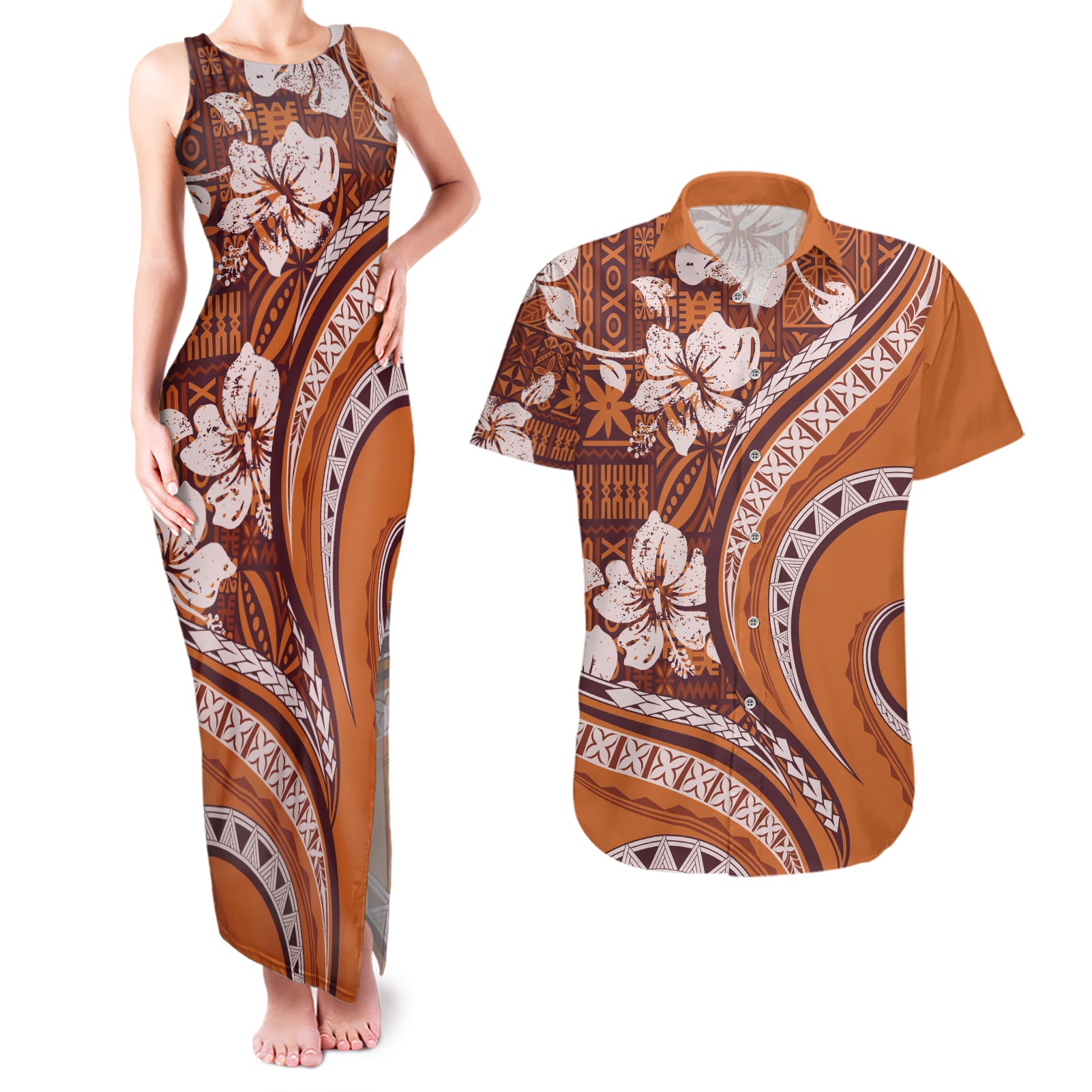 Hawaiian Hibiscus Tribal Vintage Motif Couples Matching Tank Maxi Dress and Hawaiian Shirt Ver 5