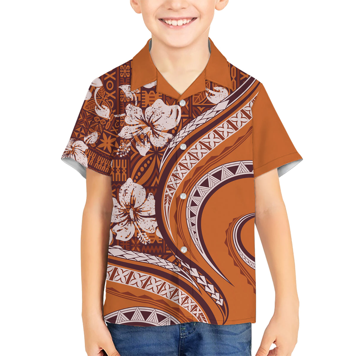 Hawaiian Hibiscus Tribal Vintage Motif Kid Hawaiian Shirt Ver 5 LT9 Kid Gold - Polynesian Pride