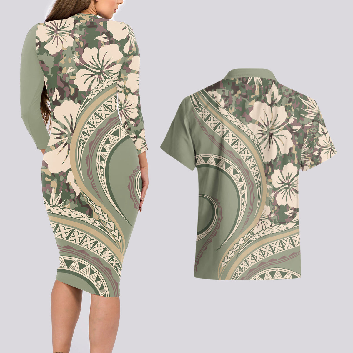 Hawaiian Hibiscus Tribal Vintage Motif Couples Matching Long Sleeve Bodycon Dress and Hawaiian Shirt Ver 6 LT9 - Polynesian Pride