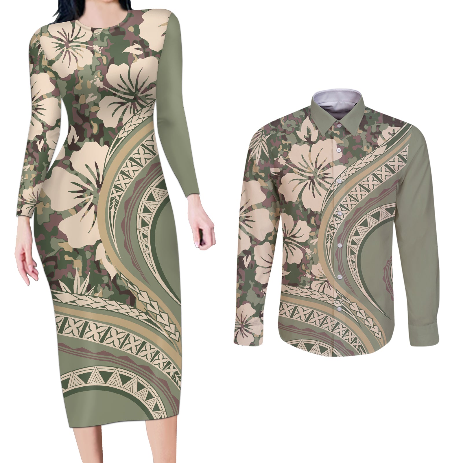 Hawaiian Hibiscus Tribal Vintage Motif Couples Matching Long Sleeve Bodycon Dress and Long Sleeve Button Shirt Ver 6