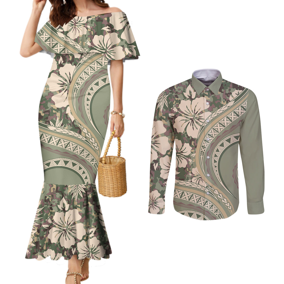 Hawaiian Hibiscus Tribal Vintage Motif Couples Matching Mermaid Dress and Long Sleeve Button Shirt Ver 6