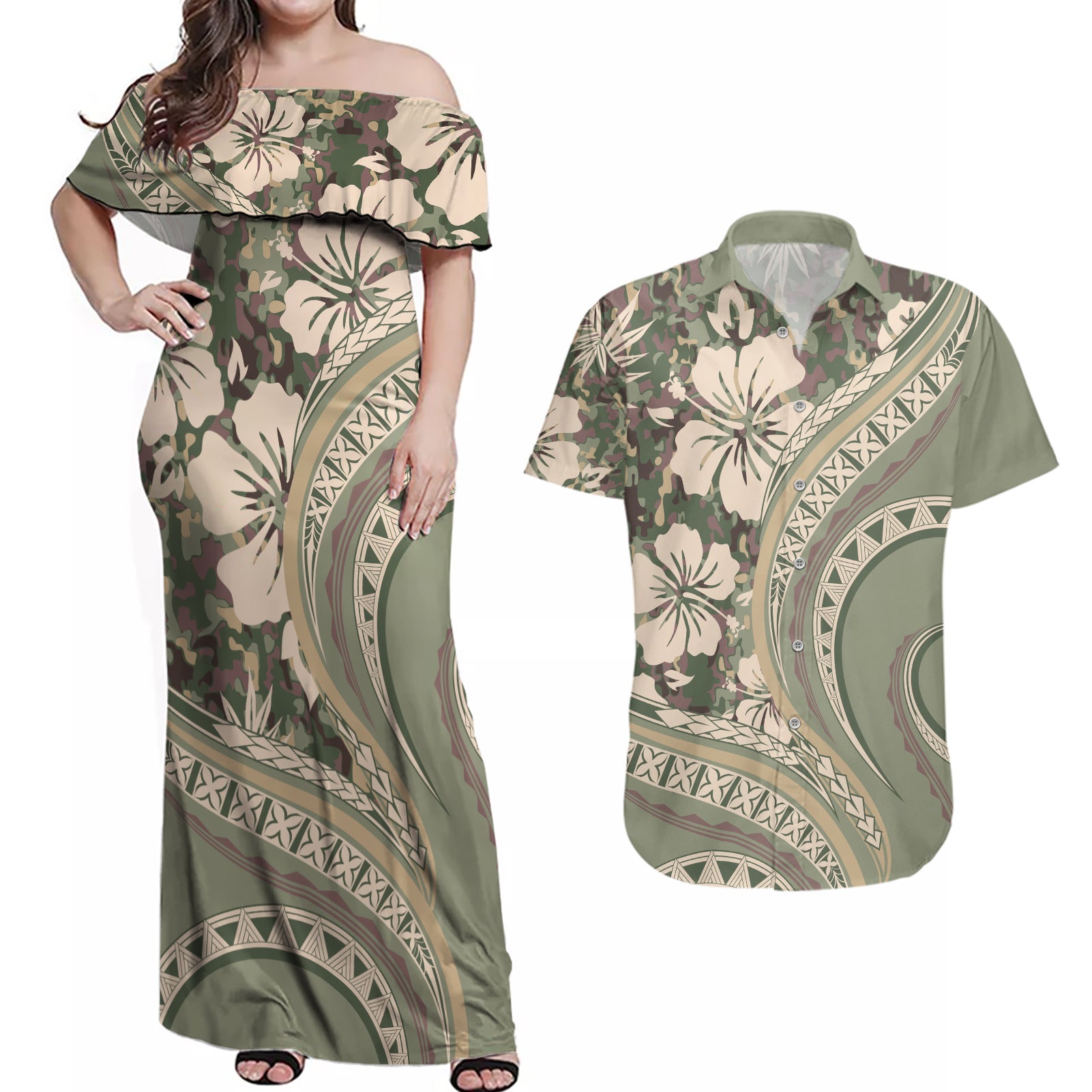 Hawaiian Hibiscus Tribal Vintage Motif Couples Matching Off Shoulder Maxi Dress and Hawaiian Shirt Ver 6