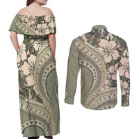 Hawaiian Hibiscus Tribal Vintage Motif Couples Matching Off Shoulder Maxi Dress and Long Sleeve Button Shirt Ver 6
