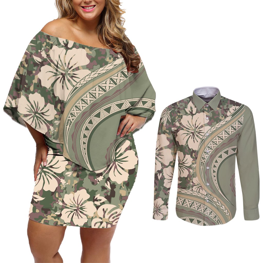 Hawaiian Hibiscus Tribal Vintage Motif Couples Matching Off Shoulder Short Dress and Long Sleeve Button Shirt Ver 6 LT9 Green Pastel - Polynesian Pride