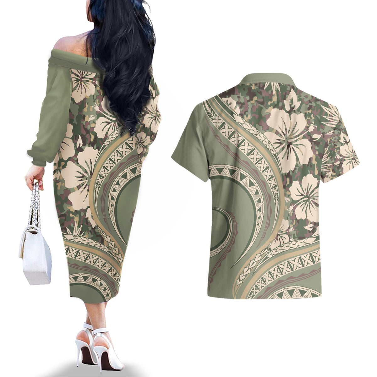 Hawaiian Hibiscus Tribal Vintage Motif Couples Matching Off The Shoulder Long Sleeve Dress and Hawaiian Shirt Ver 6