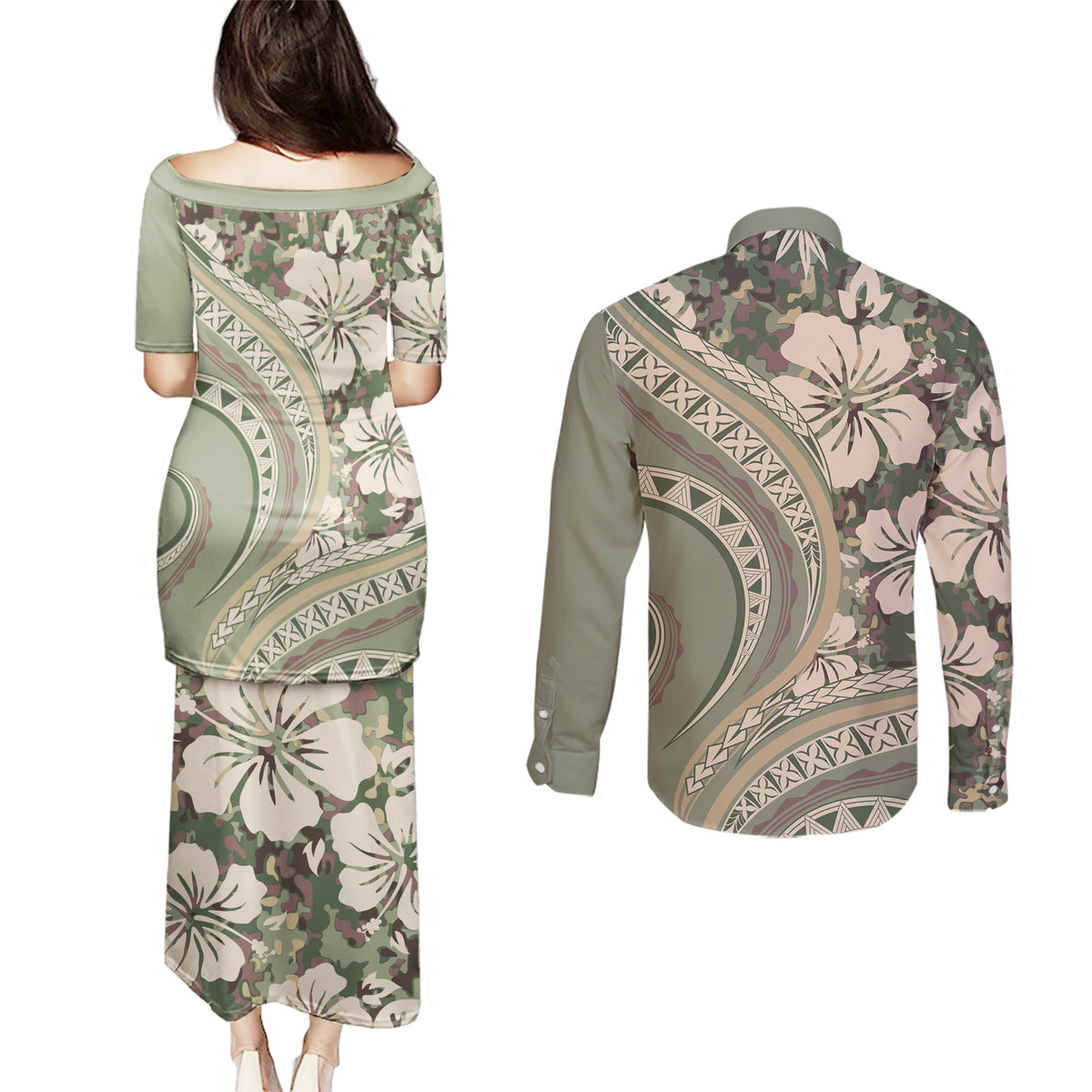 Hawaiian Hibiscus Tribal Vintage Motif Couples Matching Puletasi and Long Sleeve Button Shirt Ver 6