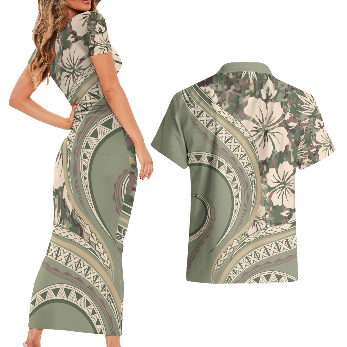 Hawaiian Hibiscus Tribal Vintage Motif Couples Matching Short Sleeve Bodycon Dress and Hawaiian Shirt Ver 6 LT9 - Polynesian Pride