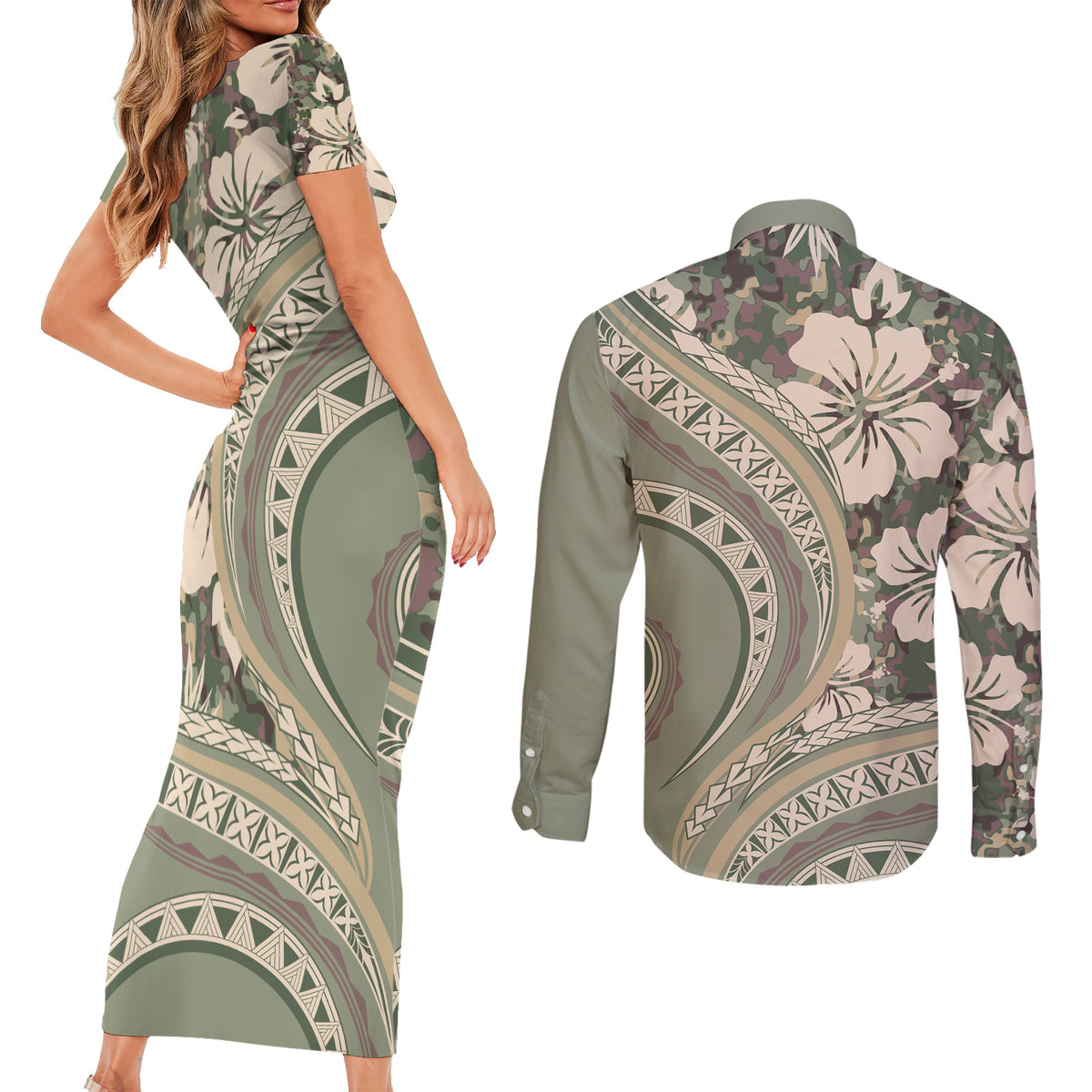 Hawaiian Hibiscus Tribal Vintage Motif Couples Matching Short Sleeve Bodycon Dress and Long Sleeve Button Shirt Ver 6 LT9 - Polynesian Pride