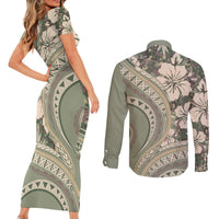 Hawaiian Hibiscus Tribal Vintage Motif Couples Matching Short Sleeve Bodycon Dress and Long Sleeve Button Shirt Ver 6 LT9 - Polynesian Pride