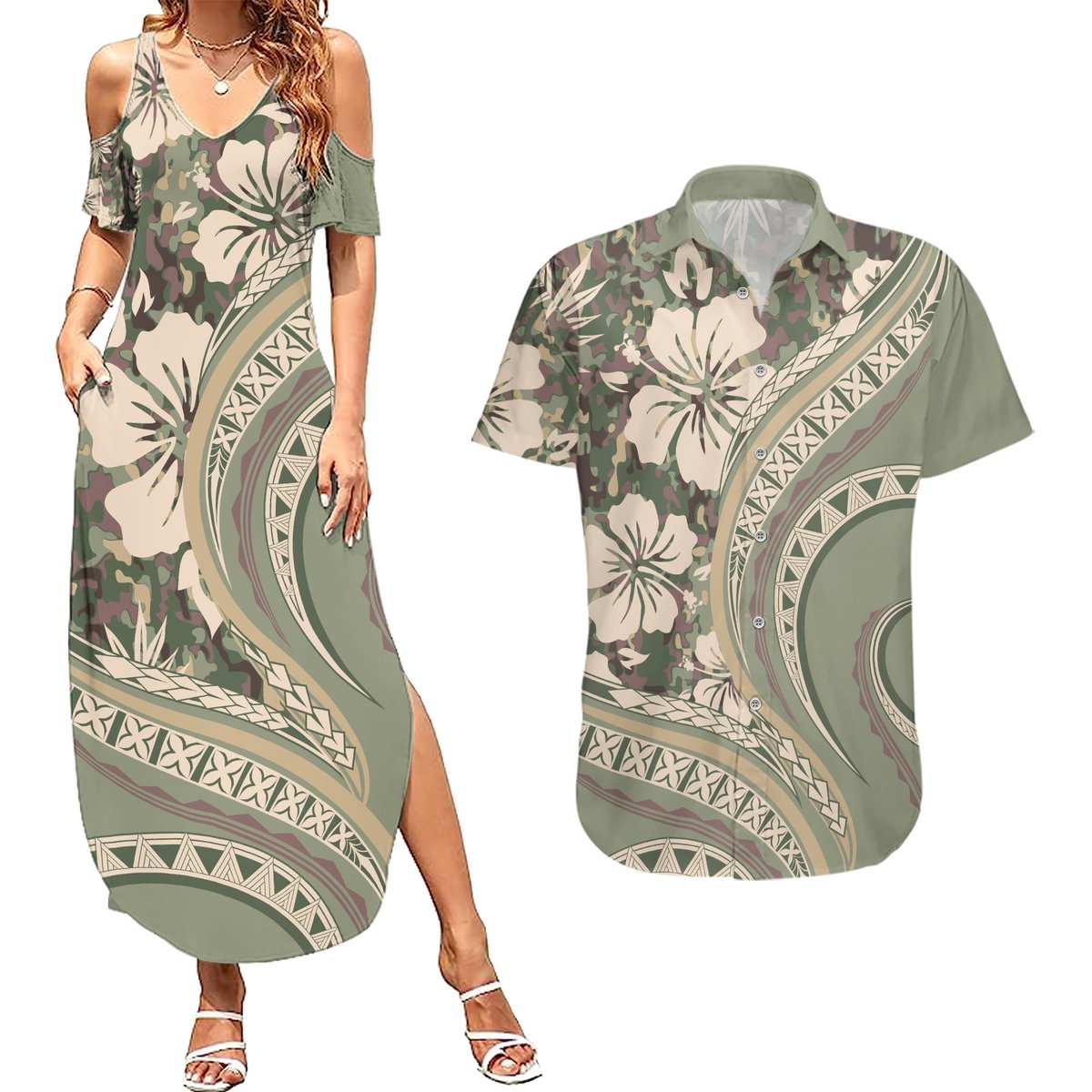 Hawaiian Hibiscus Tribal Vintage Motif Couples Matching Summer Maxi Dress and Hawaiian Shirt Ver 6 LT9 Green Pastel - Polynesian Pride